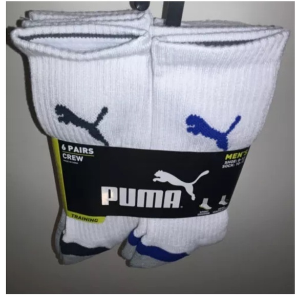 Puma Cushioned Crew Socks 6 Pair Men 8-12 White Gray Blue w Logos NEW! Training - Picture 11 of 11